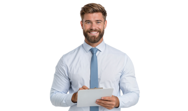 Smiling businessman holding a clipboard, representing professionalism, customer service, and successful corporate communication