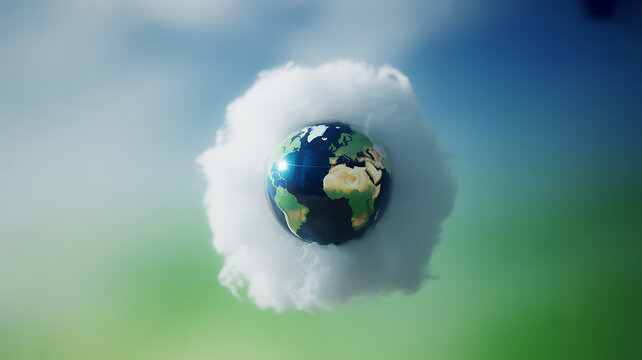 Earth globe floating within a cloud against a sky background - Powered by Adobe