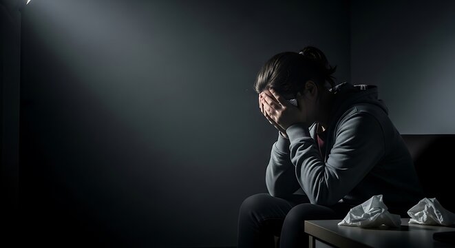 A person sits alone in a dimly lit room, head in hands, appearing distressed and sorrowful.