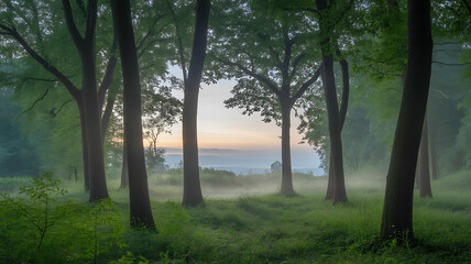 Misty forest at dawn with tall trees and soft morning light filtering through foliage