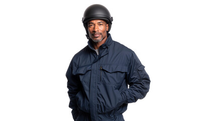 Confident African American man wearing a helmet and protective workwear, representing safety, security, and skilled labor