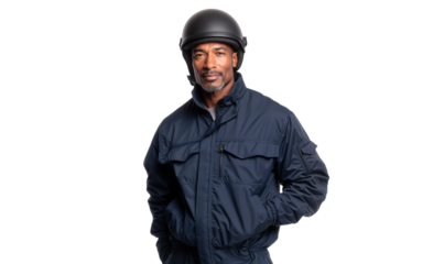 Confident African American man wearing a helmet and protective workwear, representing safety, security, and skilled labor