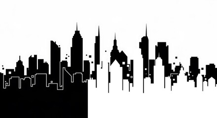Obraz premium Abstract cityscape silhouette, showcasing a modern metropolis with a graphic design aesthetic, featuring black shapes on a white background.