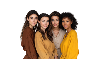 Four diverse young women standing together, showcasing unity, friendship, and beauty across different ethnicities