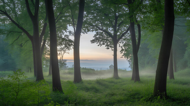 Misty forest at dawn with tall trees and soft morning light filtering through foliage