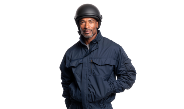 Confident African American man wearing a helmet and protective workwear, representing safety, security, and skilled labor