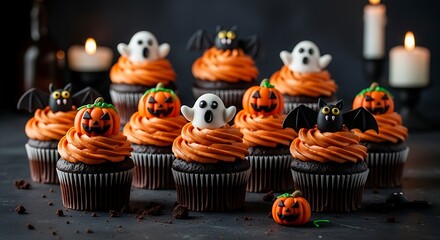 Set against a moody, shadowy backdrop, a collection of dark chocolate Halloween cupcakes is displayed with dramatic flair
