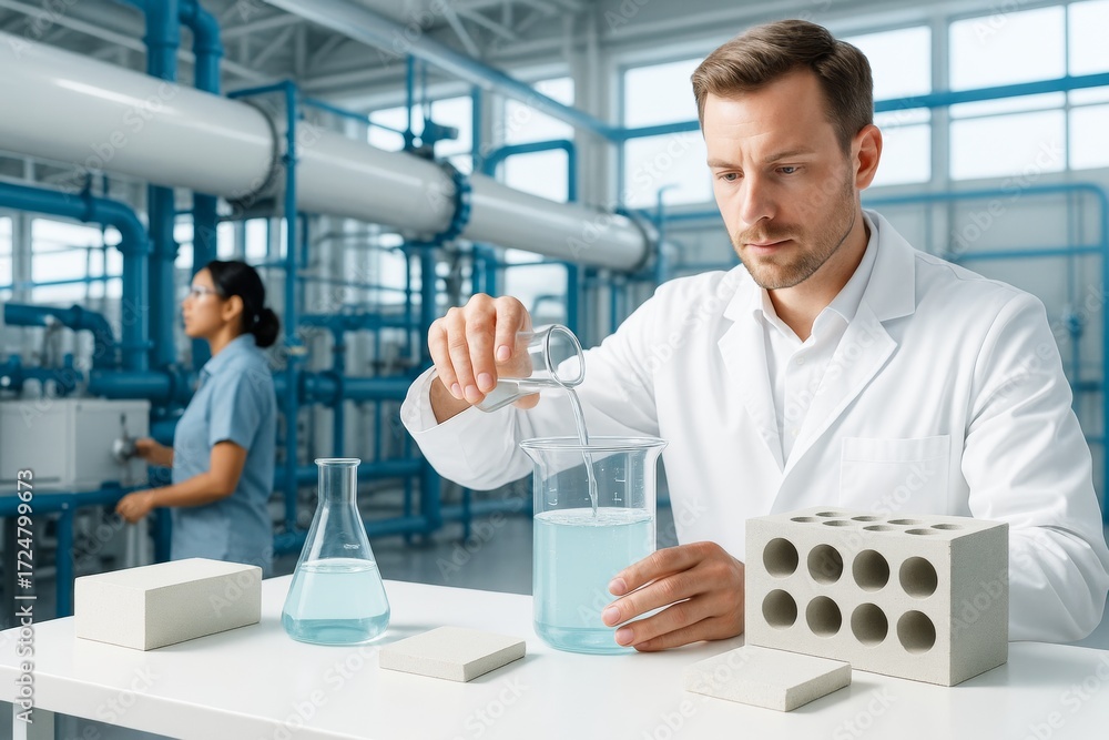 Poster scientist conducting water-based experiment with eco-friendly concrete samples in modern laboratory 