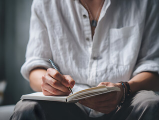 male student writing notes in a notebook