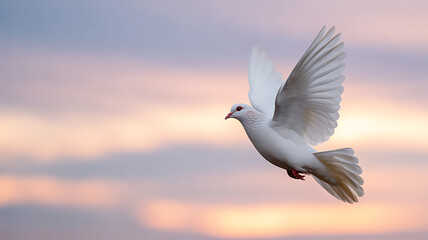 Fototapeta premium White dove in flight against a soft sunset sky