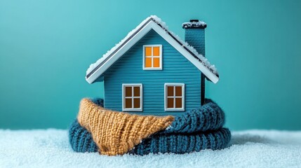 A cozy blue house wrapped in a knitted scarf for warmth against the cold winter season indoors
