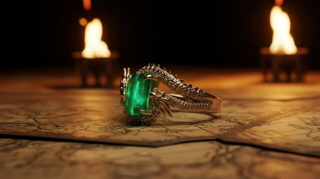 Dragon ring with glowing green gem, on map near torches, fantasy, jewelry