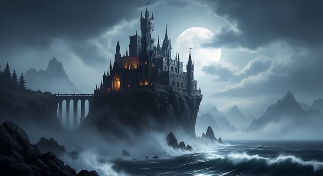 A magnificent gothic castle stands majestically on a rocky promontory overlooking a misty sea at night under a full moon, illuminated by warm interior lights.