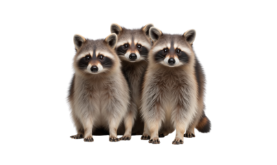 Three cute raccoons standing together
