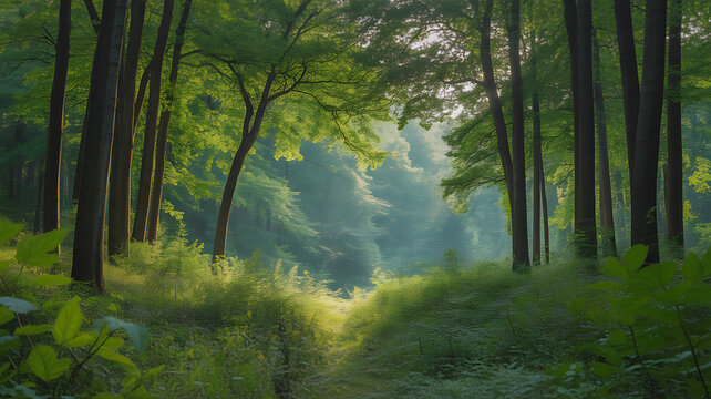 Sunlight filtering through tall trees in a lush green forest - Powered by Adobe