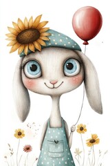 Smiling cartoon bunny with a green sunflower-patterned hat and a red balloon on a clean white background for whimsical kids' books, watercolor touch.