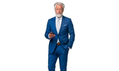 senior businessman in a blue suit holding a smartphone, representing modern communication, success, and executive leadership