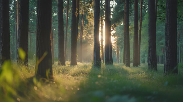 Sunlight filtering through tall pine trees in a serene forest at dawn