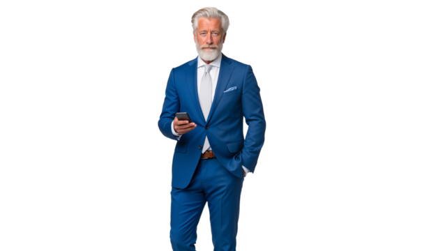 senior businessman in a blue suit holding a smartphone, representing modern communication, success, and executive leadership