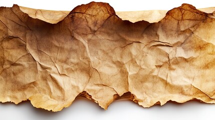 Vintage, crinkled parchment paper with yellowing edges, creating an antique feel, isolated on white