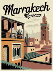 Marrakech Morocco travel poster in retro vintage style featuring iconic architecture and desert tones, vector illustration perfect for wall art, prints, souvenirs, and decor