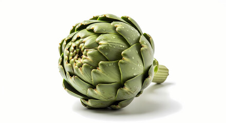 Obraz premium A fresh, green artichoke with layered leaves and a visible stem, isolated on a white background, showcasing its intricate texture and natural form.
