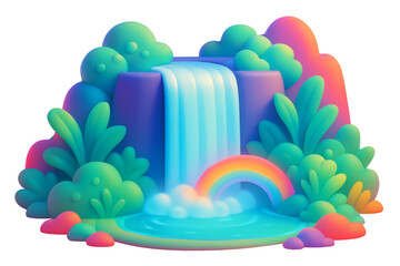 Naklejka premium Colorful fantasy waterfall with rainbow, stylized cartoon-style foliage and hills on isolated white background. Concept of magical nature. Ai generative
