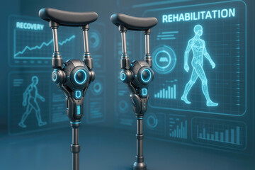 Advanced robotic crutches displaying recovery and rehabilitation data on a futuristic interface technology