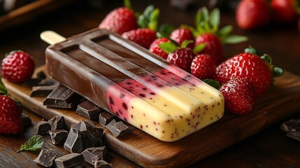 Refreshing Neapolitan popsicle with vivid layers of chocolate vanilla and strawberry partially melting on a wooden board next to fresh berries and chocolate pieces for garnish