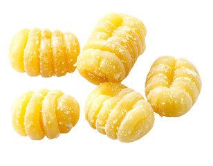Frozen pasta gnocchi, close-up, light yellow, textured