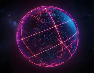 Obraz premium A globe of a planet surrounded by neural neon nexus lines, grid, and nodes. Creative concept of technological progress, the World Wide Web banner. 