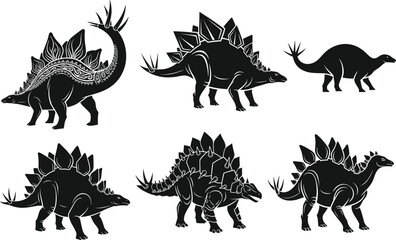 Black silhouette vector set of stegosaurus dinosaurs with decorative tribal patterns isolated on white background for prehistoric wildlife illustration design. © DesignSoul