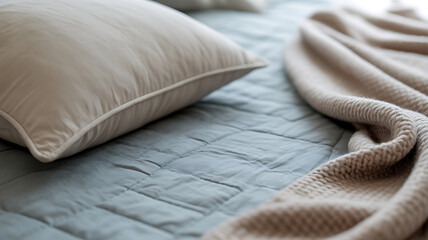 Close-up of a neatly made bed with a beige pillow and knitted blanket on a quilted blue sheet