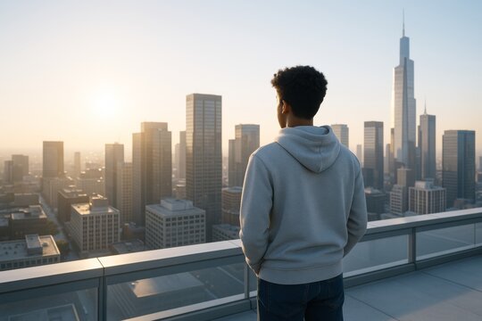 Young man in hoodie overlooking modern city skyline at sunrise from rooftop, contemplating future in warm morning light background. Ai generative. Ai generative