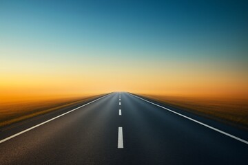 Naklejka premium Straight empty asphalt road stretching to the horizon with glowing light and clear sky, symbolizing journey, future, and open mind concept. Ai generative