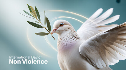 White dove holding olive branch with halo, symbolizing peace on International Day of Non-Violence