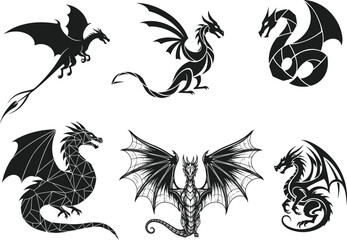 Fantasy dragon silhouettes with wings, fire breathing mythical creatures, black vector illustration set for tattoo, logo, fantasy design elements collection