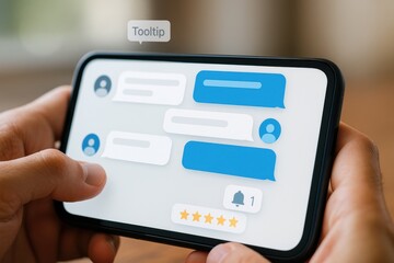 Smartphone chat interface with tooltip, conversation bubbles, five-star rating and notification, customer feedback concept

