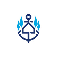 Anchor House with Forest Tree, Beach and Coastal Real Estate Logo Design Vector