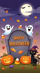 Obraz premium A fun and festive Halloween illustration features a cartoonish gravestone sign that reads “HAPPY HALLOWEEN” in playful, slightly spooky lettering 