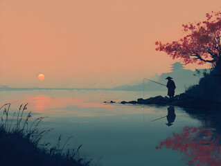 man fishing at a quiet riverside 