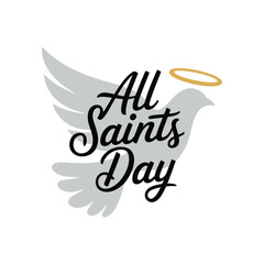 Elegant dove with halo and “All Saints Day” text – spiritual illustration symbolizing peace, purity, and Christian celebration of saints