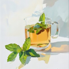 Fresh Mint Tea in a Glass Cup with Green Leaves on a Table