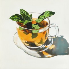 Fresh Mint Tea in Glass Cup with Green Leaves Against White Background