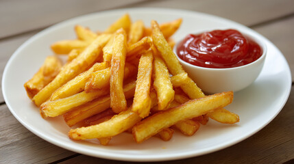 木製の板を背景に、黄金色でカリカリに揚げられたフライドポテトと艶やかなケチャップを白い皿に盛り付けた食欲をそそるクローズアップ
