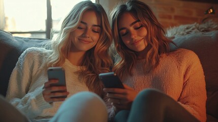 Beautiful lesbian couple enjoying time together with a smartphone in the comfort of their home