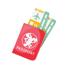 Obraz premium Red passport with world map and airplane tickets