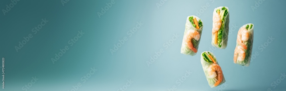 Poster fresh shrimp spring rolls floating in mid-air with gradient blue background and copyspace on left si
