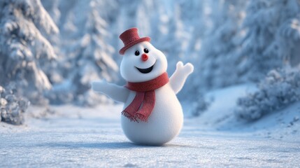 Obraz premium Cheerful snowman wearing a red hat and scarf in a snowy winter forest landscape