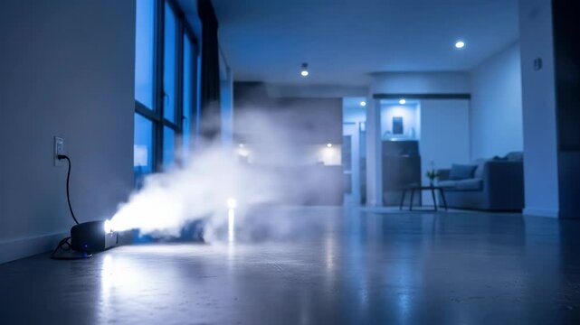 Fog machine creates atmosphere and smoke in a modern living room at night with blue lighting. Fog flowing in interior space.